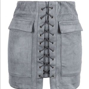 Gray Suede Lace-up Mini-Skirt (Light Gray)
